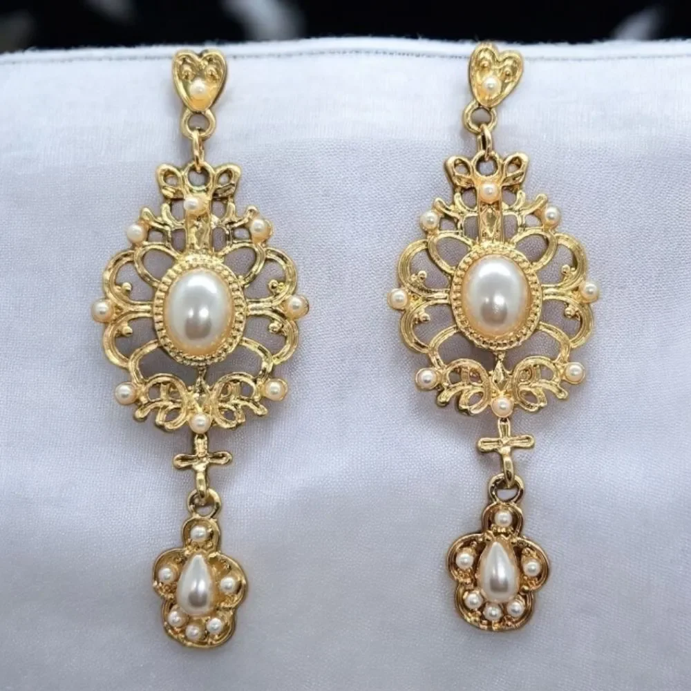 Gold Filigree Pearl Drop Earrings Bridal Wedding Dangle Earrings Vintage Glamour
